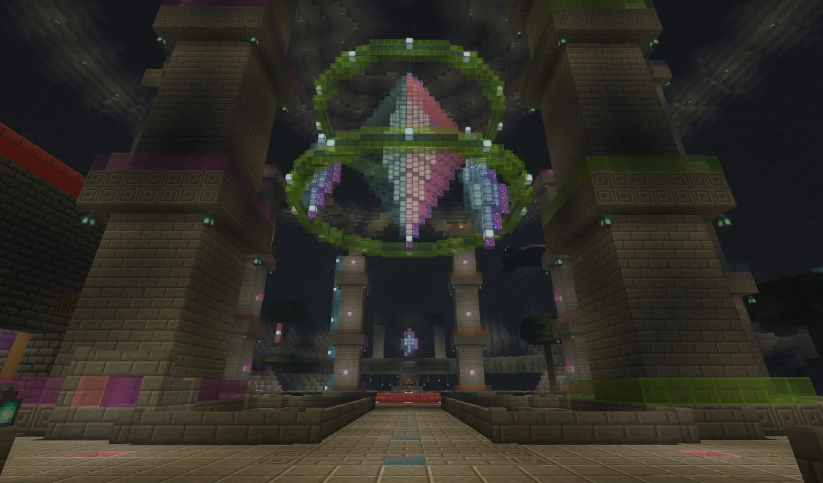 An immense crystal suspended between stone pillars inside Nexoria